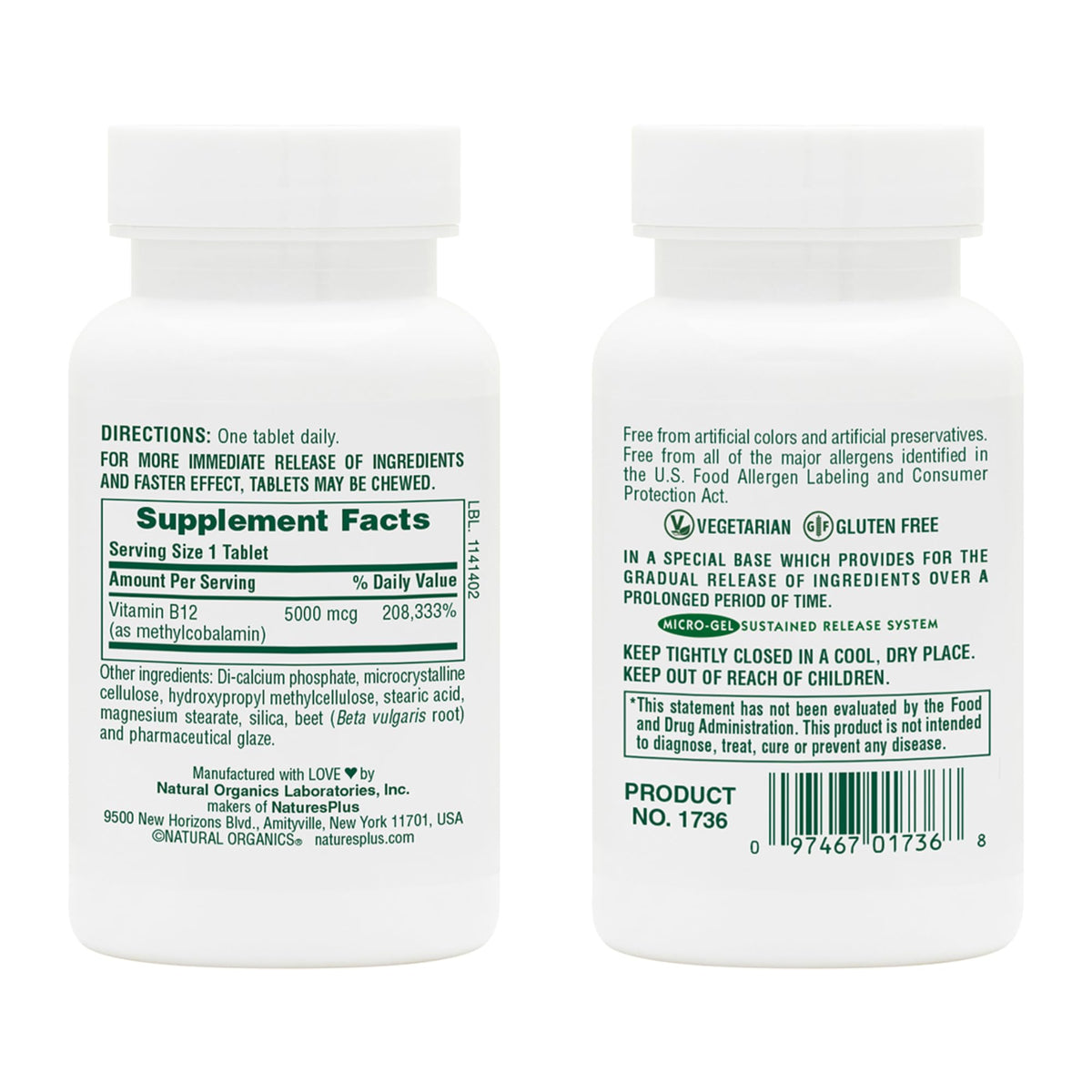 Emballage de NaturesPlus Shot-O-B12 5000 mcg avec description des bienfaits
