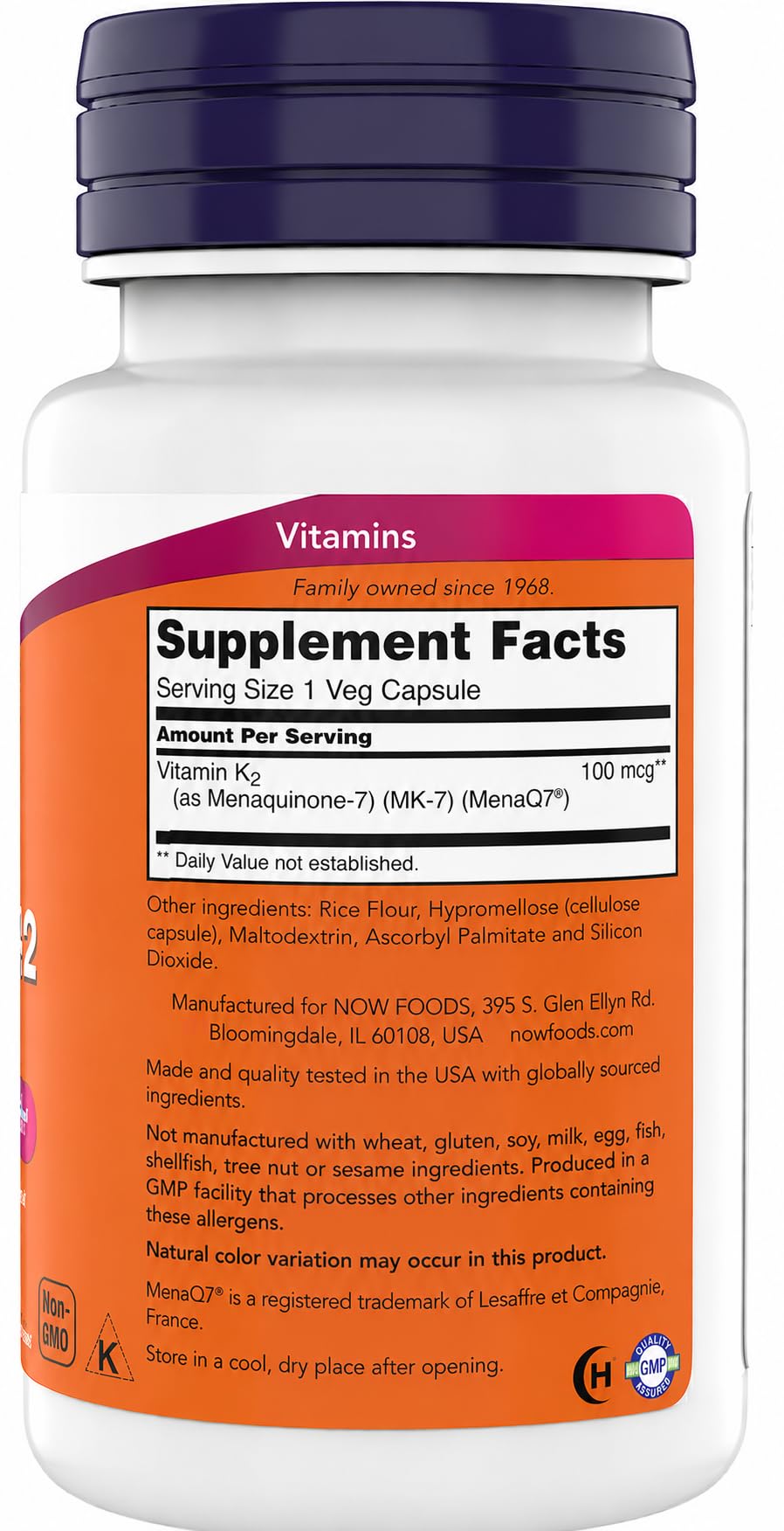 Emballage de NOW Foods MK-7 Vitamine K-2 100 mcg capsules