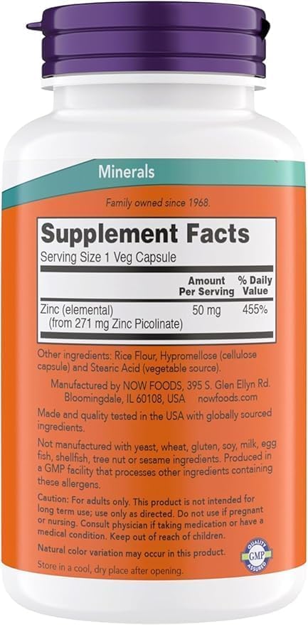 Emballage de NOW Foods Zinc Picolinate 50 mg 240 capsules