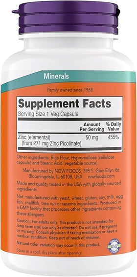 Emballage de NOW Foods Zinc Picolinate 50 mg 240 capsules