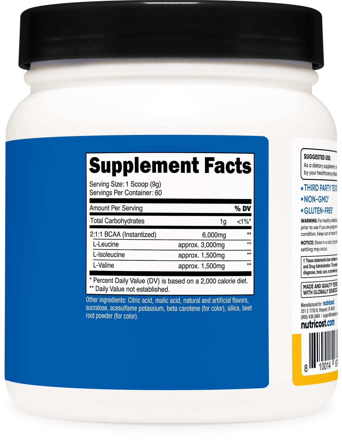 Emballage de Nutricost BCAA Poudre 60 Portions