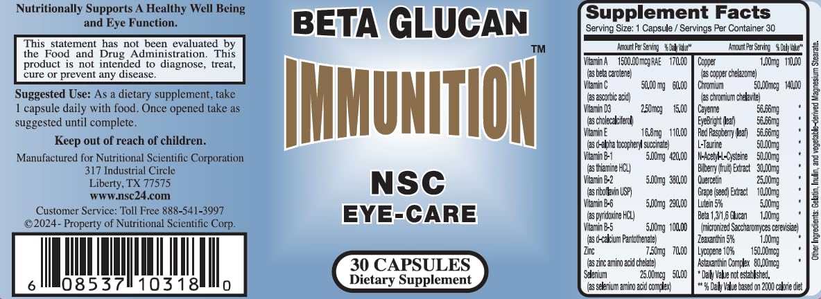 Emballage de Nutritional Scientific Formule Beta Glucan 30 Capsules