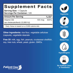 Emballage de Patient One Vitamine D3 5 000 UI 120 capsules