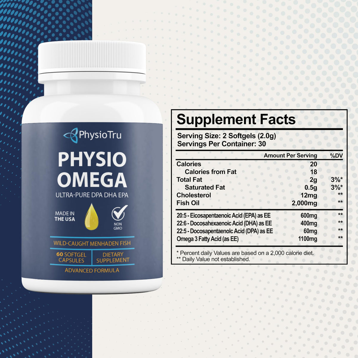 Emballage de PhysioTru Omega 3 2400mg, côté