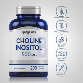 Emballage de Piping Rock Choline Inositol 500mg avec étiquette visible