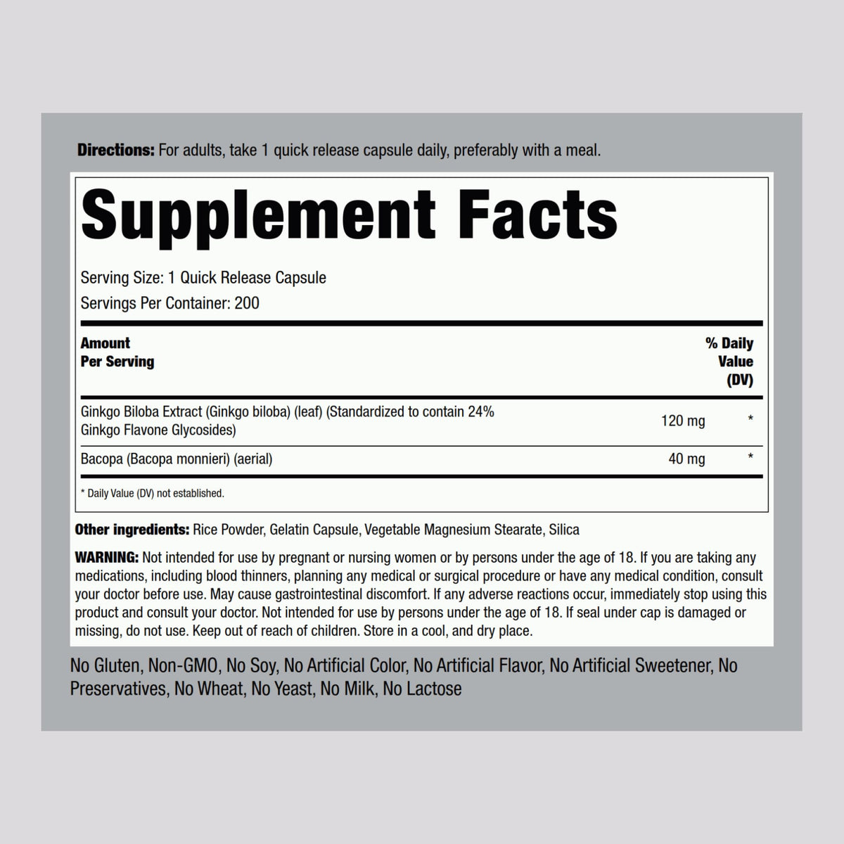Emballage de Piping Rock Ginkgo Biloba 120mg 200 capsules
