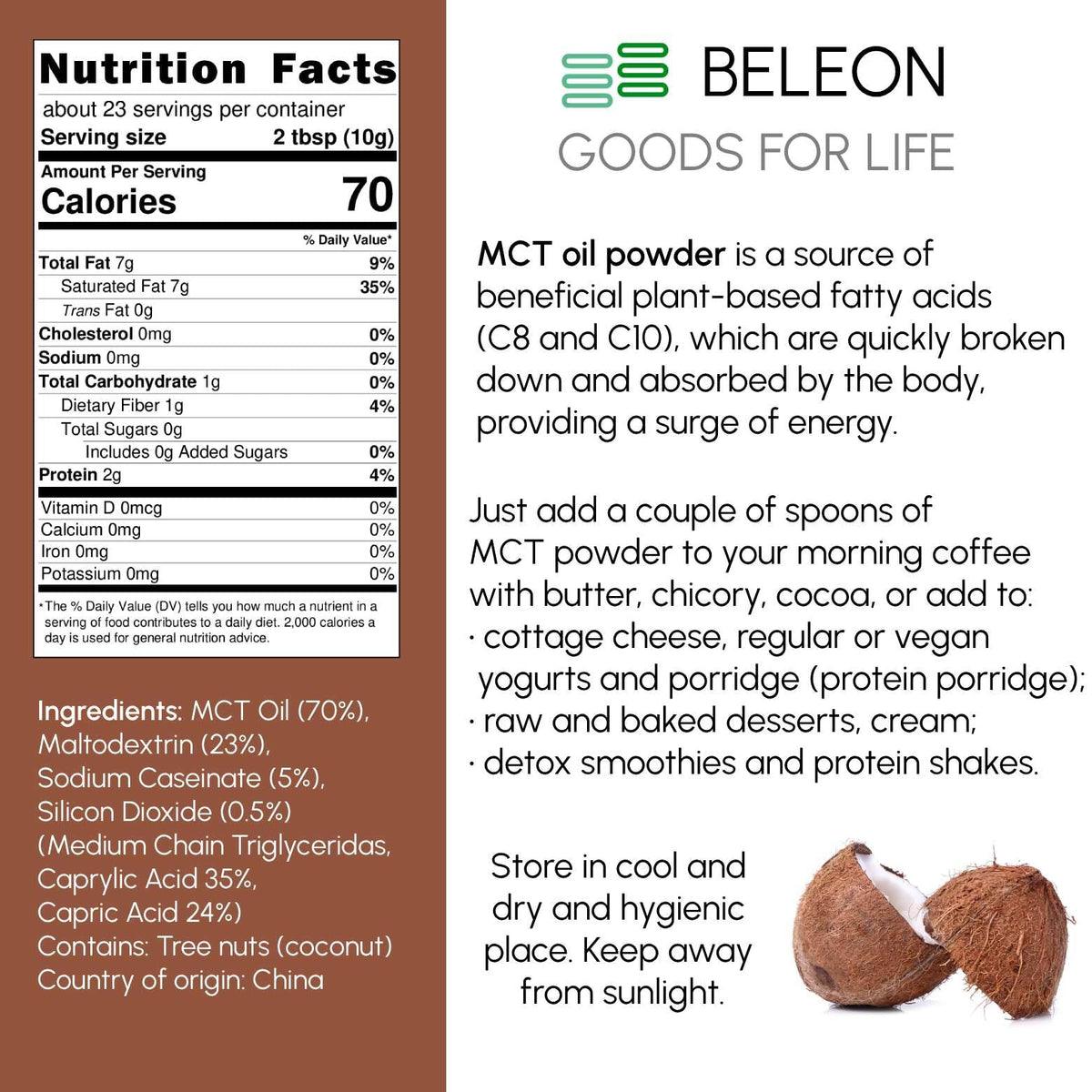 Emballage de Poudre d'Huile MCT Beleon Goods For Life