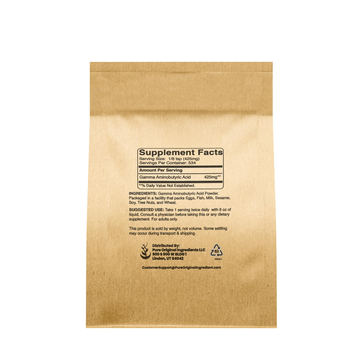 Emballage de Poudre de GABA Pure ORIGINAL INGREDIENTS sur fond blanc