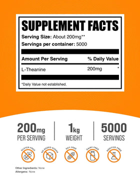 Emballage de poudre de L-Théanine BulkSupplements 1kg
