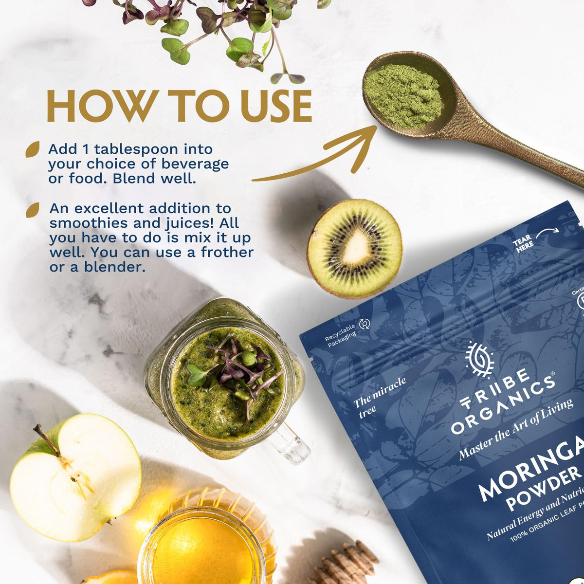 Emballage de Poudre de Moringa Bio TRIBE ORGANICS 200g sur fond blanc