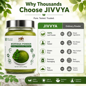 Emballage de Poudre de Moringa JIVVYA 130g sur une table en bois