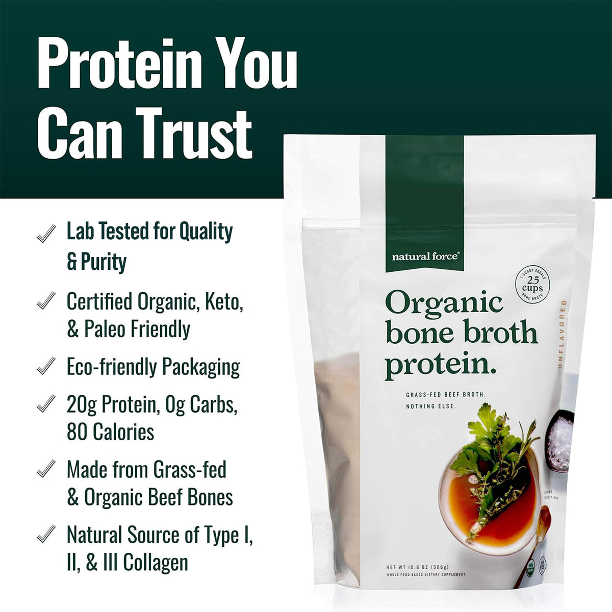 Emballage de Poudre de Protéine de Bouillon d'Os Bio Natural Force