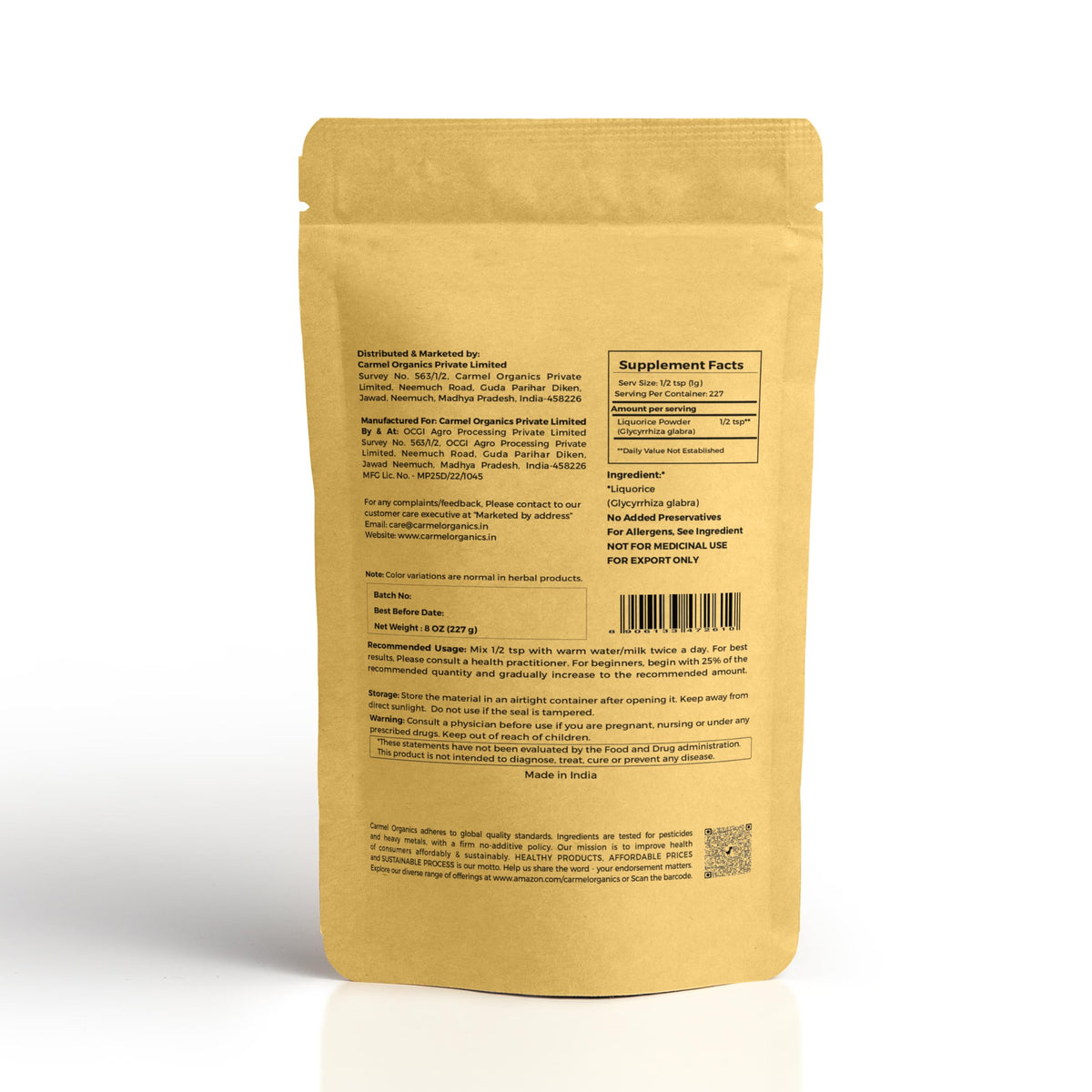 Emballage de poudre de racine de réglisse CARMEL ORGANICS