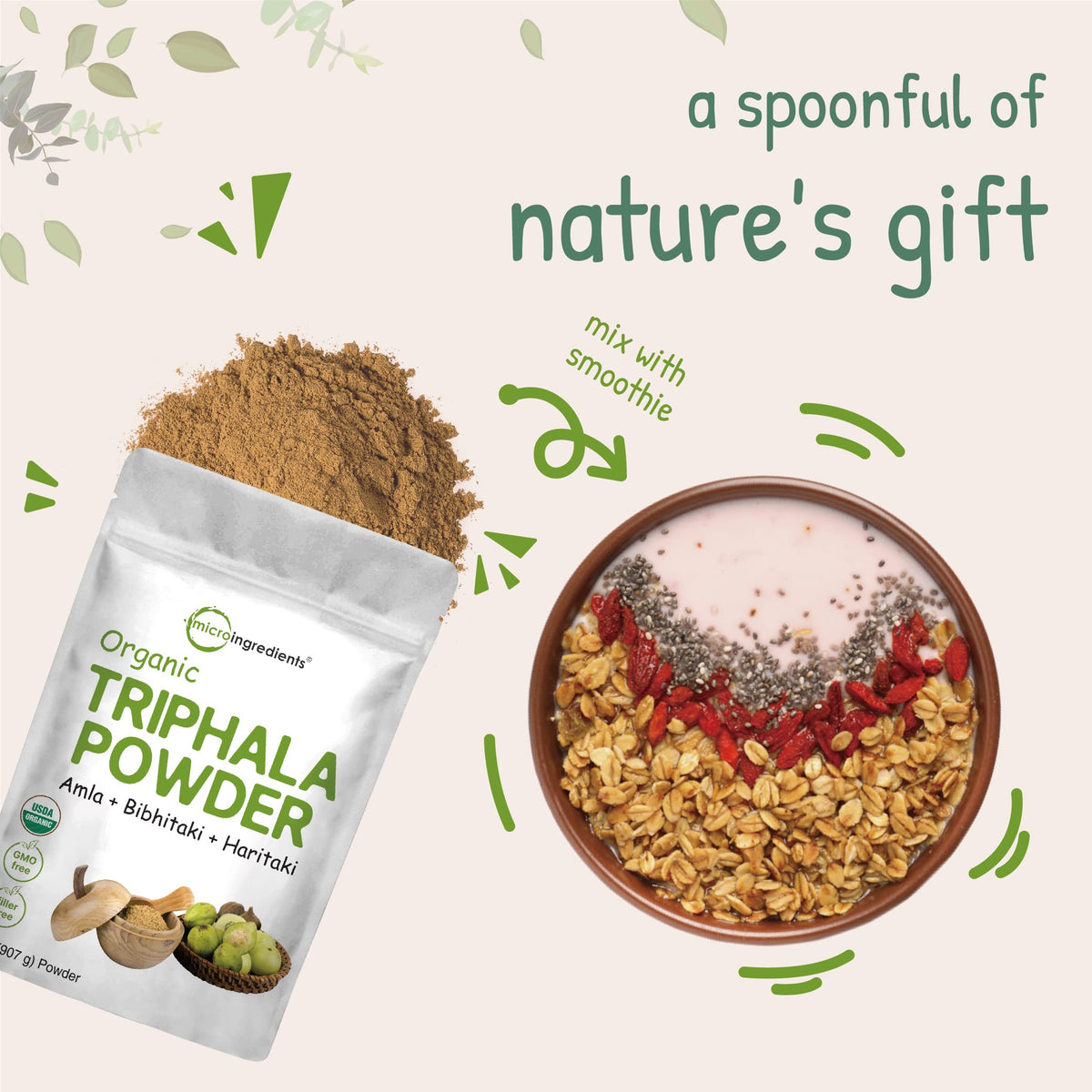 Emballage de poudre de Triphala Bio Micro Ingredients avec informations nutritionnelles