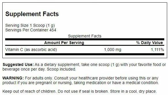 Emballage de Poudre de Vitamine C Swanson avec instructions
