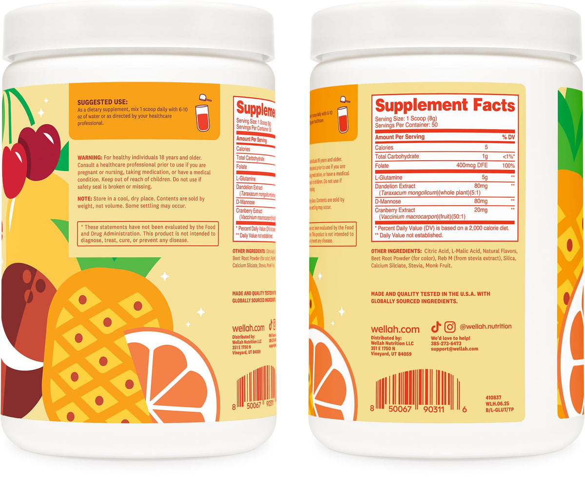 Emballage de poudre L-Glutamine Wellah Tropical Punch