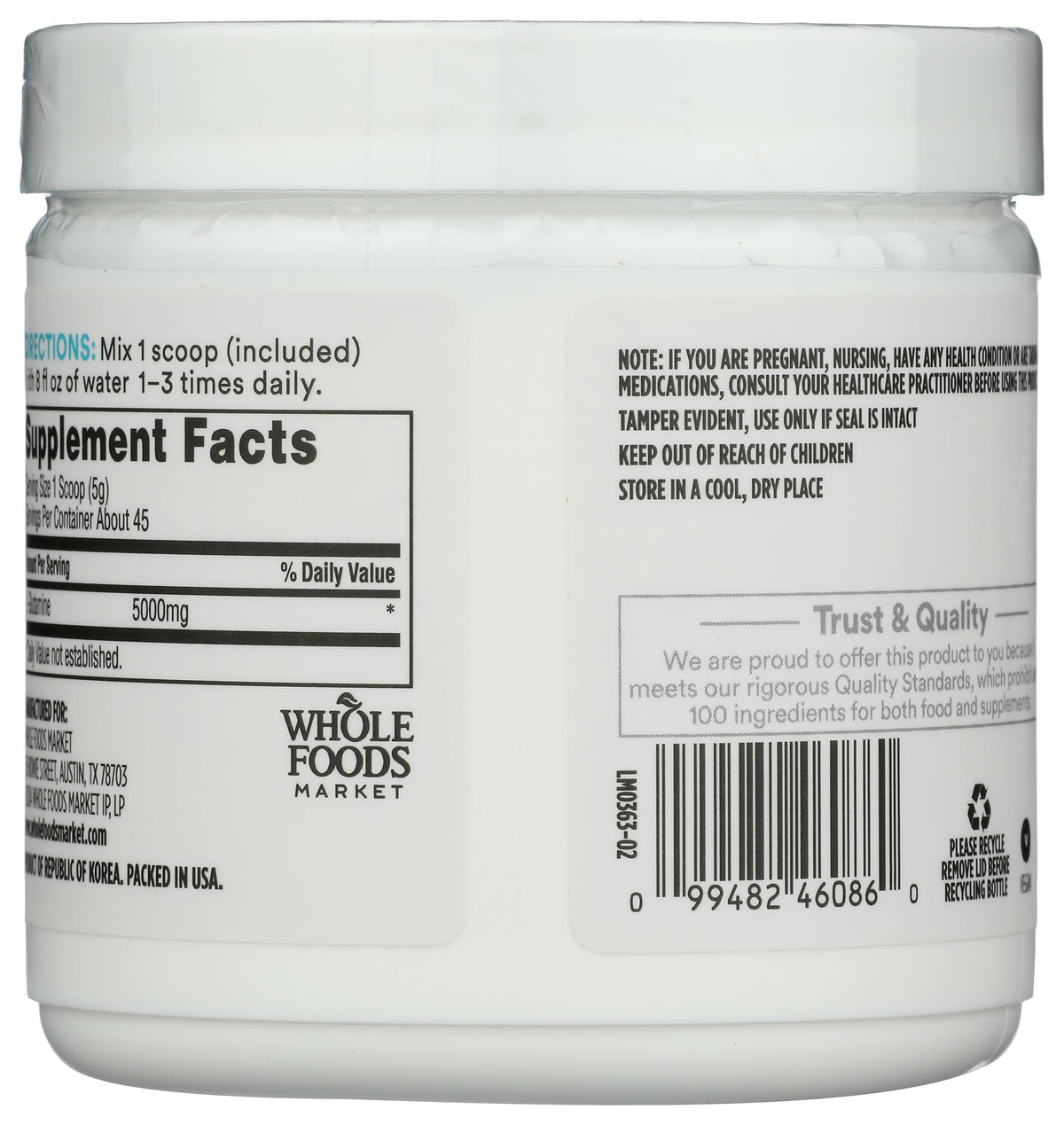 Emballage de poudre L-Glutamine Whole Foods Market 8 oz