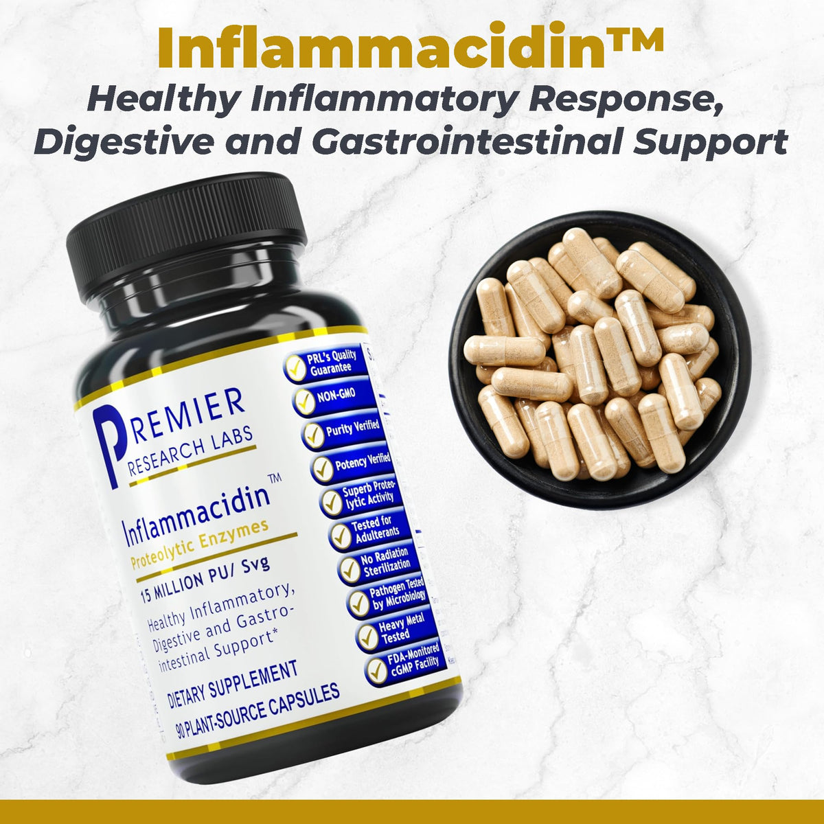 Emballage de Premier Research Labs Inflammacidin avec étiquette visible
