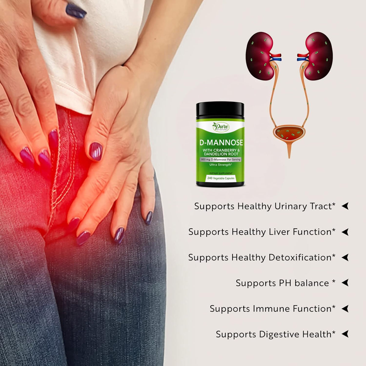 Emballage de Pure By Nature D-Mannose 240 capsules