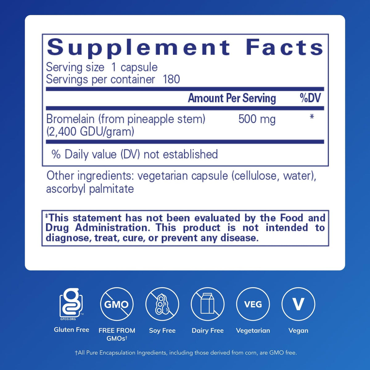 Emballage de Pure Encapsulations Bromelain 500 mg 180 Capsules