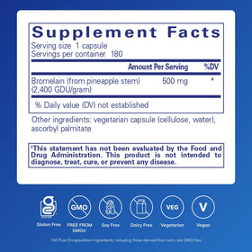 Emballage de Pure Encapsulations Bromelain 500 mg 180 Capsules