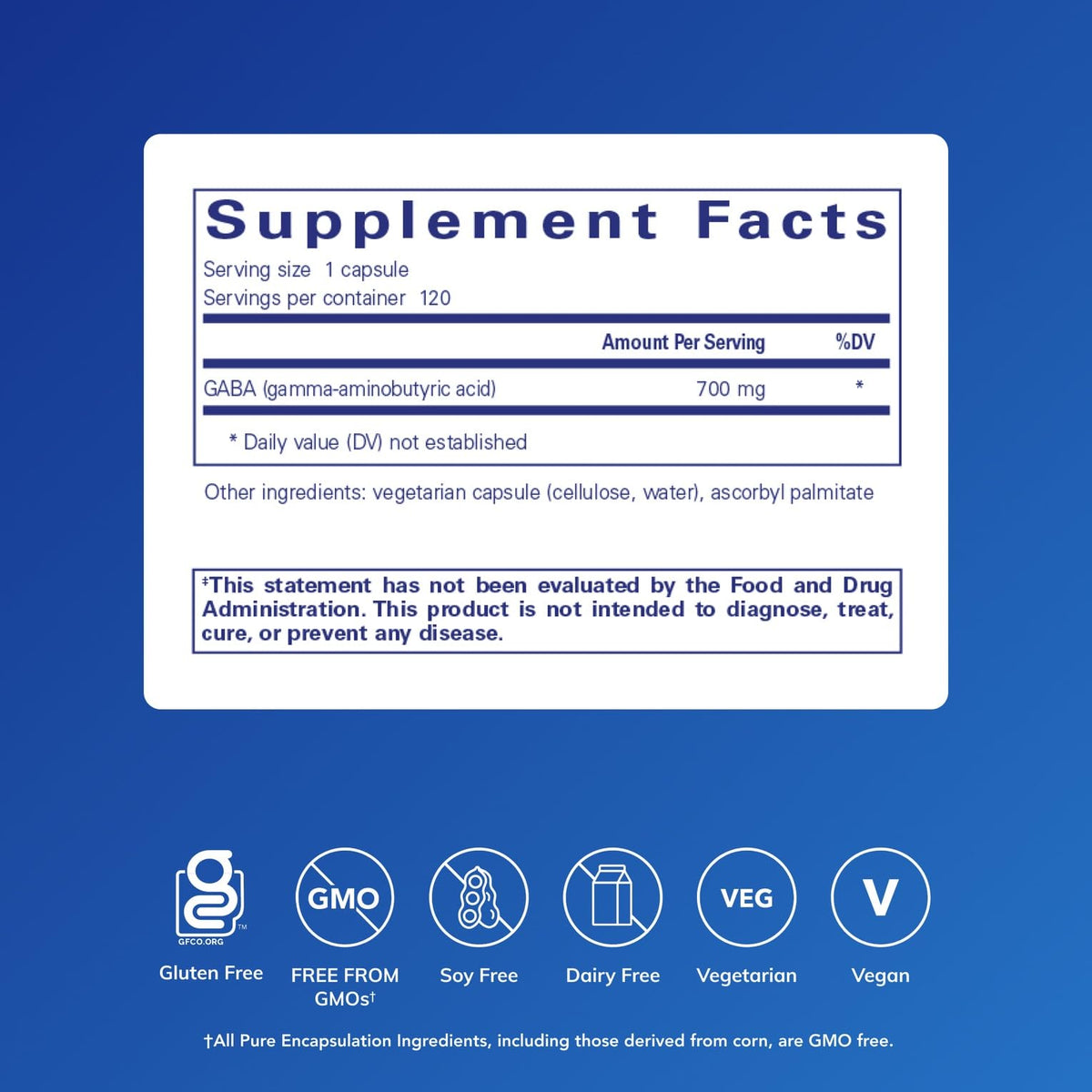 Emballage de Pure Encapsulations GABA 120 capsules
