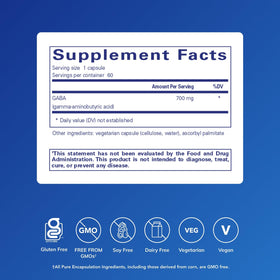 Emballage de Pure Encapsulations GABA avec informations nutritionnelles