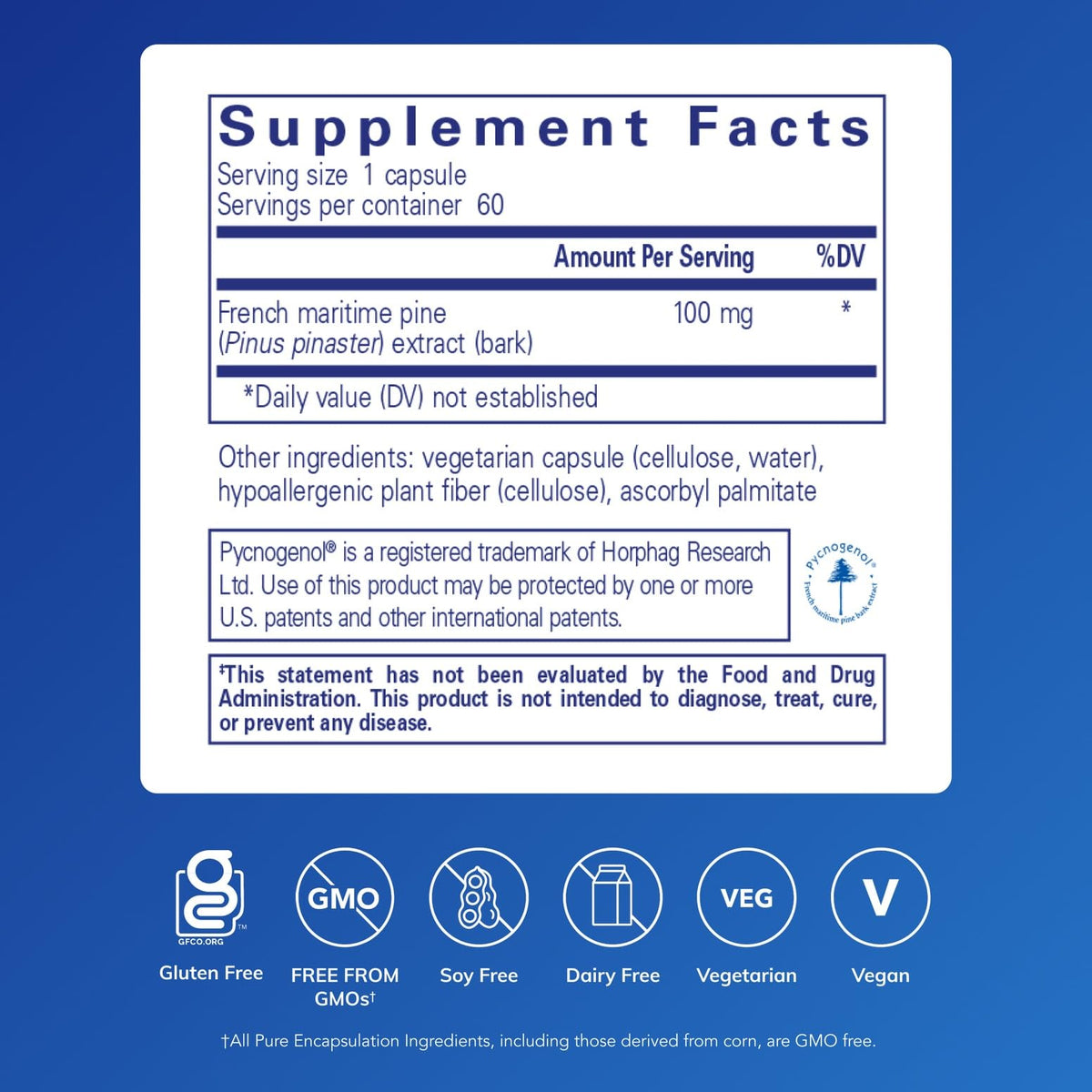 Emballage de Pure Encapsulations Pycnogenol 100 mg