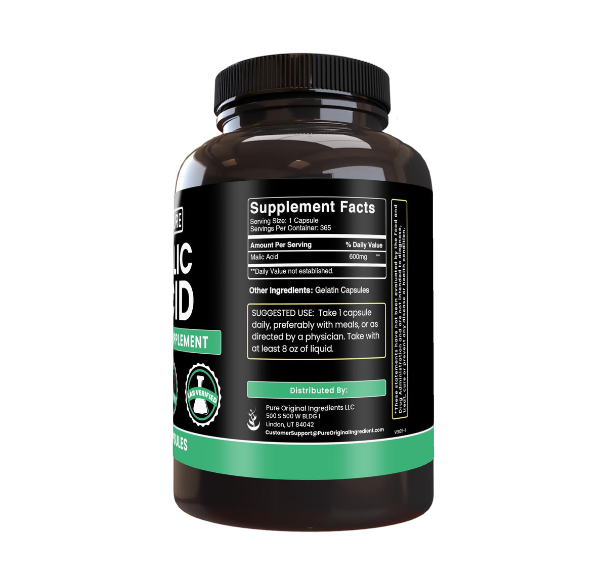 Emballage de PURE ORIGINAL INGREDIENTS Poudre d'Acide Malique 365 Capsules