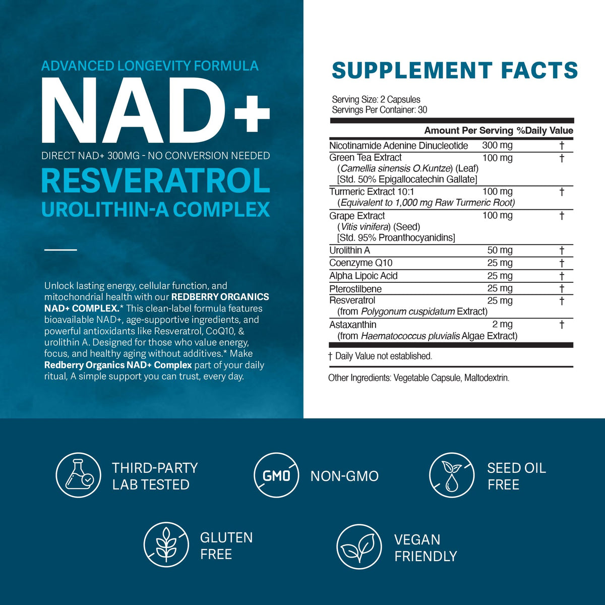 Emballage de Redberry Organics Complément NAD+ 300mg