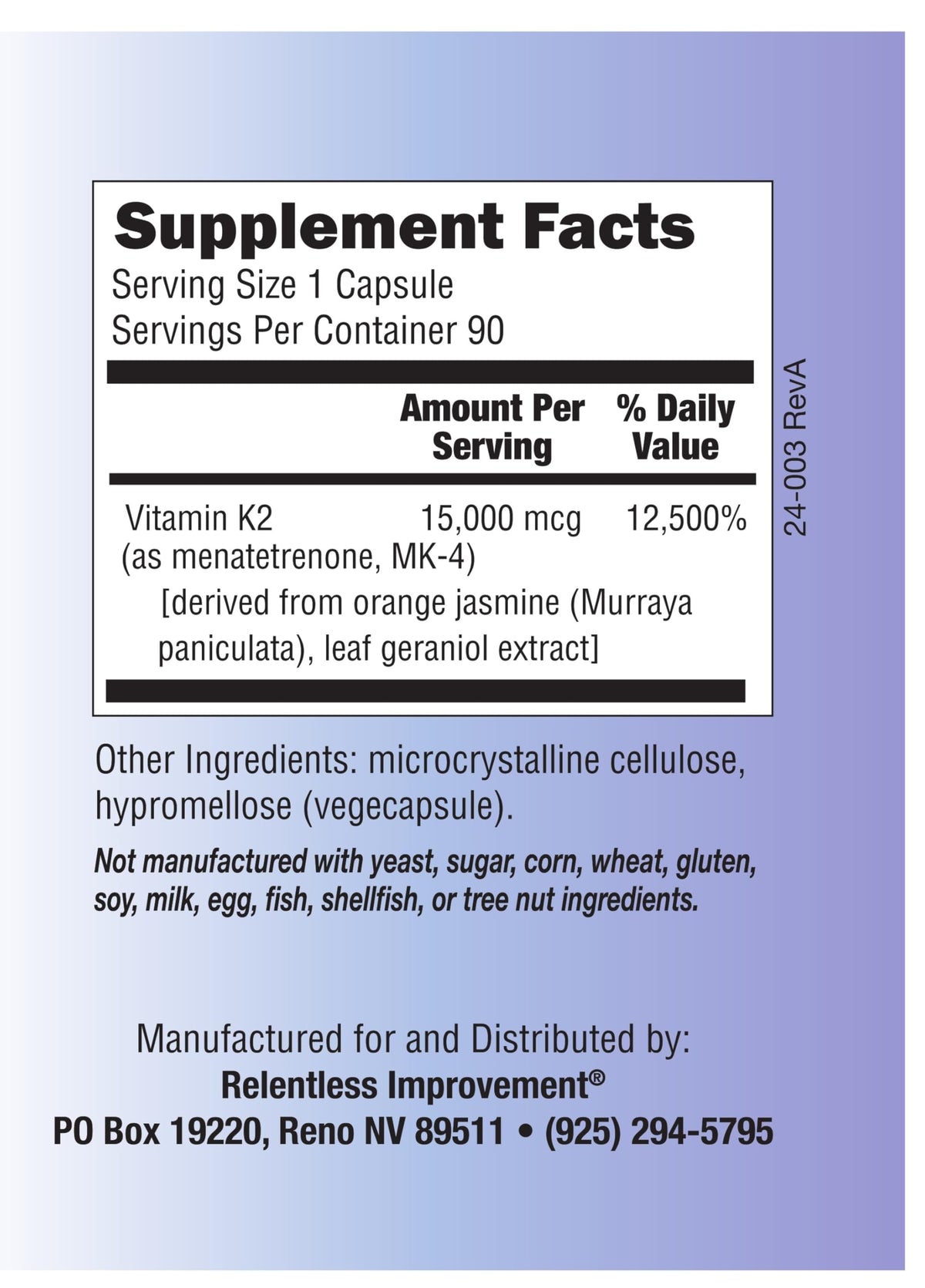 Emballage de Relentless Improvement Vitamine K2 MK4 15 000 mcg