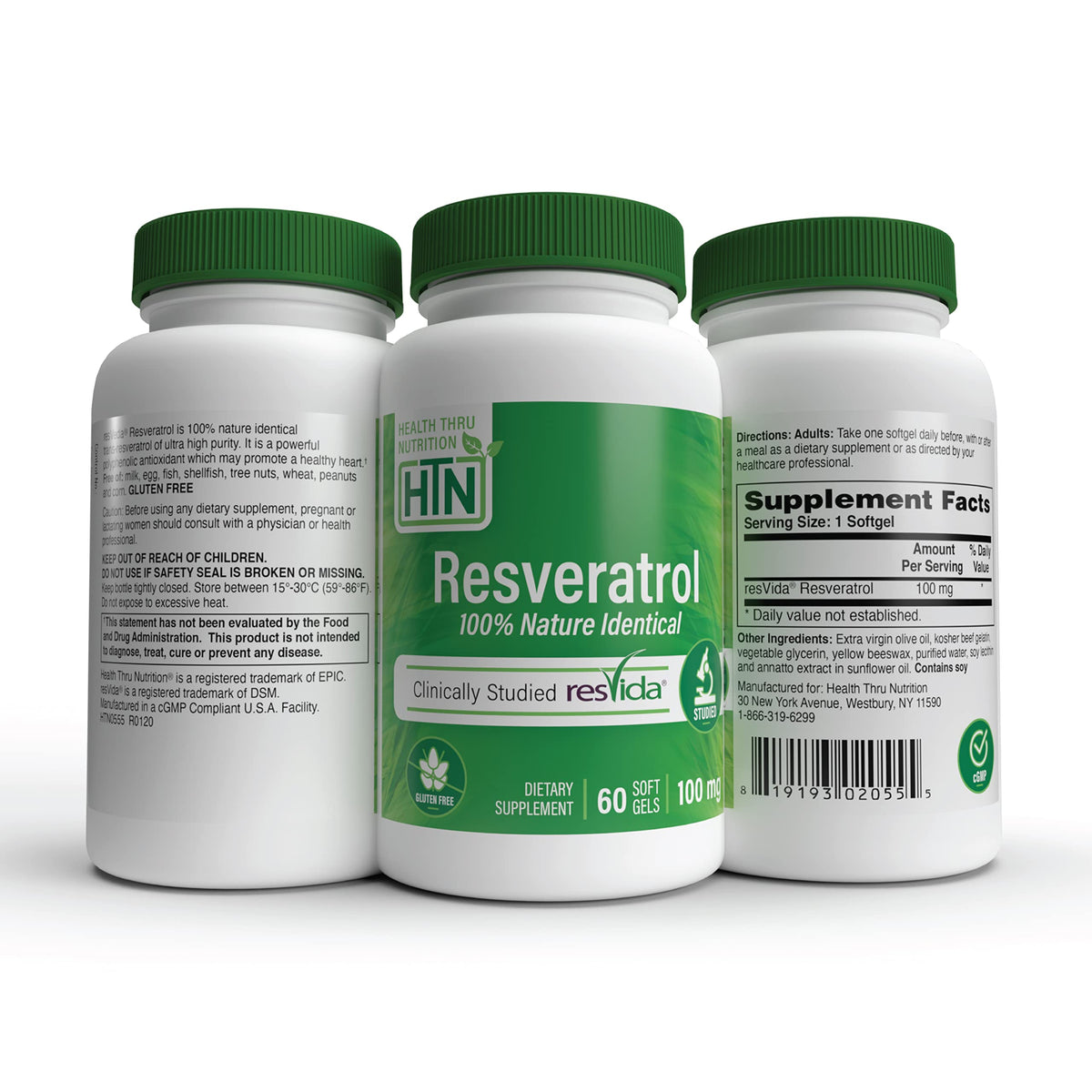 Emballage de Resveratrol 100 mg Health Thru Nutrition avec étiquette visible