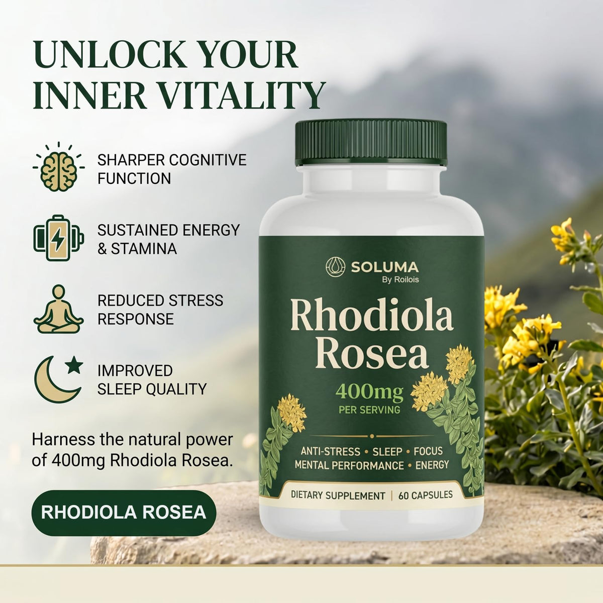Emballage de Roilois Rhodiola Rosea 68g avec étiquette