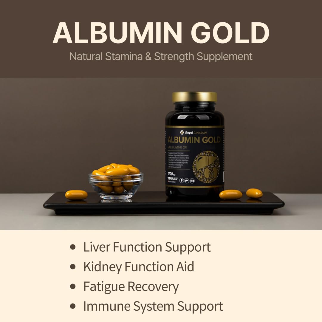 Emballage de Royal Canadian Albumine Or 1700mg avec informations de produit