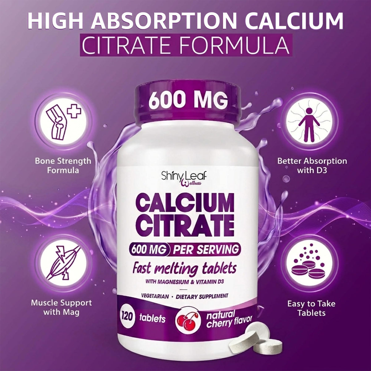 Emballage de Shiny Leaf Calcium Citrate 600 mg avec Magnésium et D3