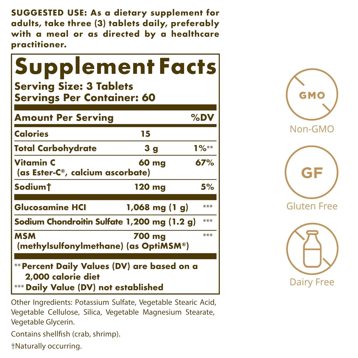 Emballage de Solgar Extra Strength Glucosamine Chondroitin MSM avec étiquettes claires