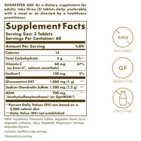 Emballage de Solgar Extra Strength Glucosamine Chondroitin MSM avec étiquettes claires
