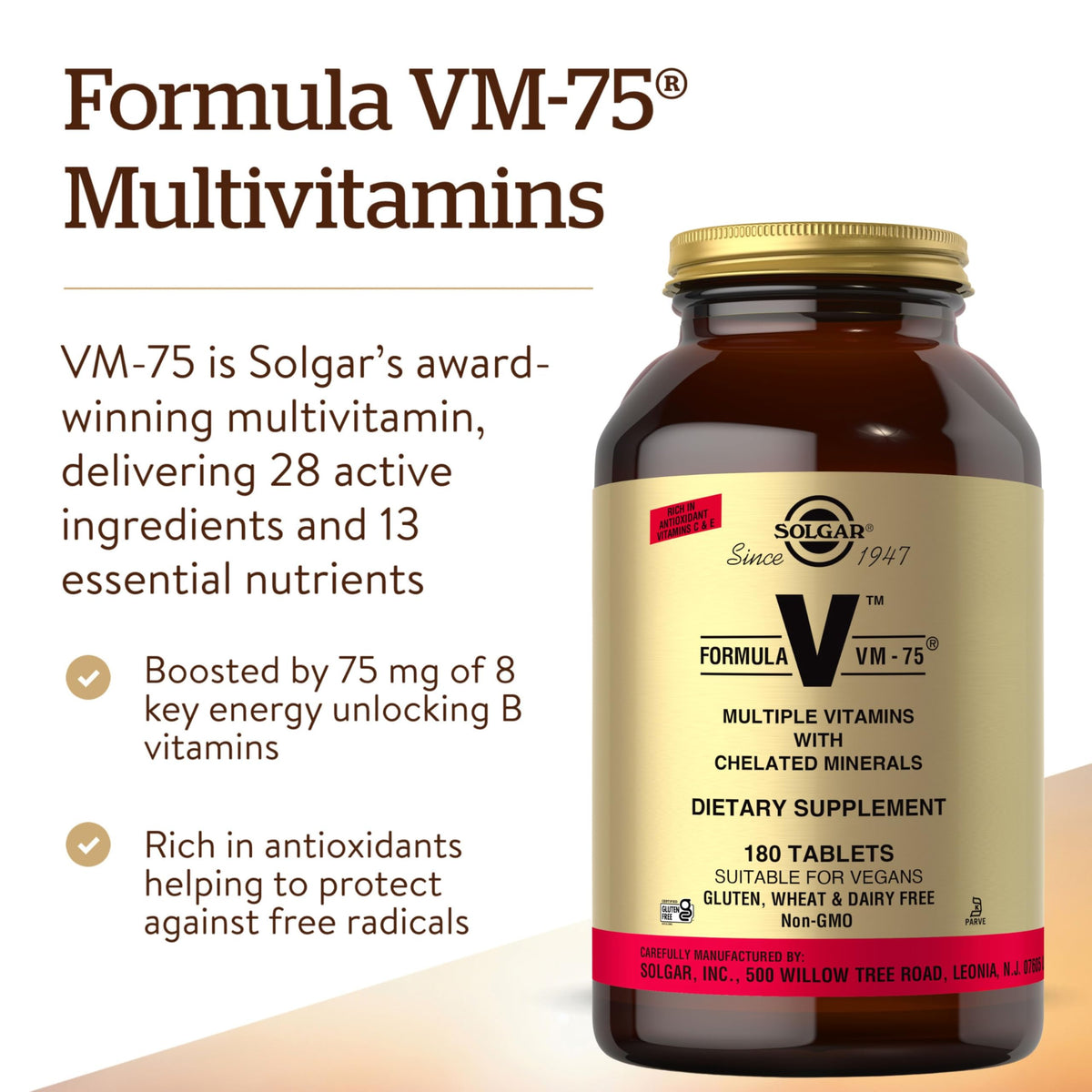 Emballage de Solgar Formula VM-75 180 comprimés