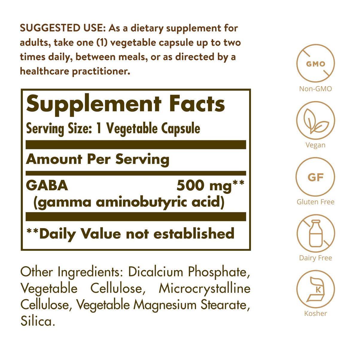 Emballage de Solgar GABA 500 mg 100 capsules