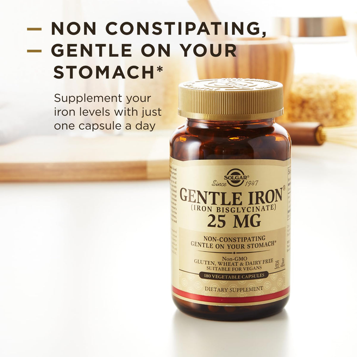 Emballage de Solgar Gentle Iron 25mg 180 capsules végétales