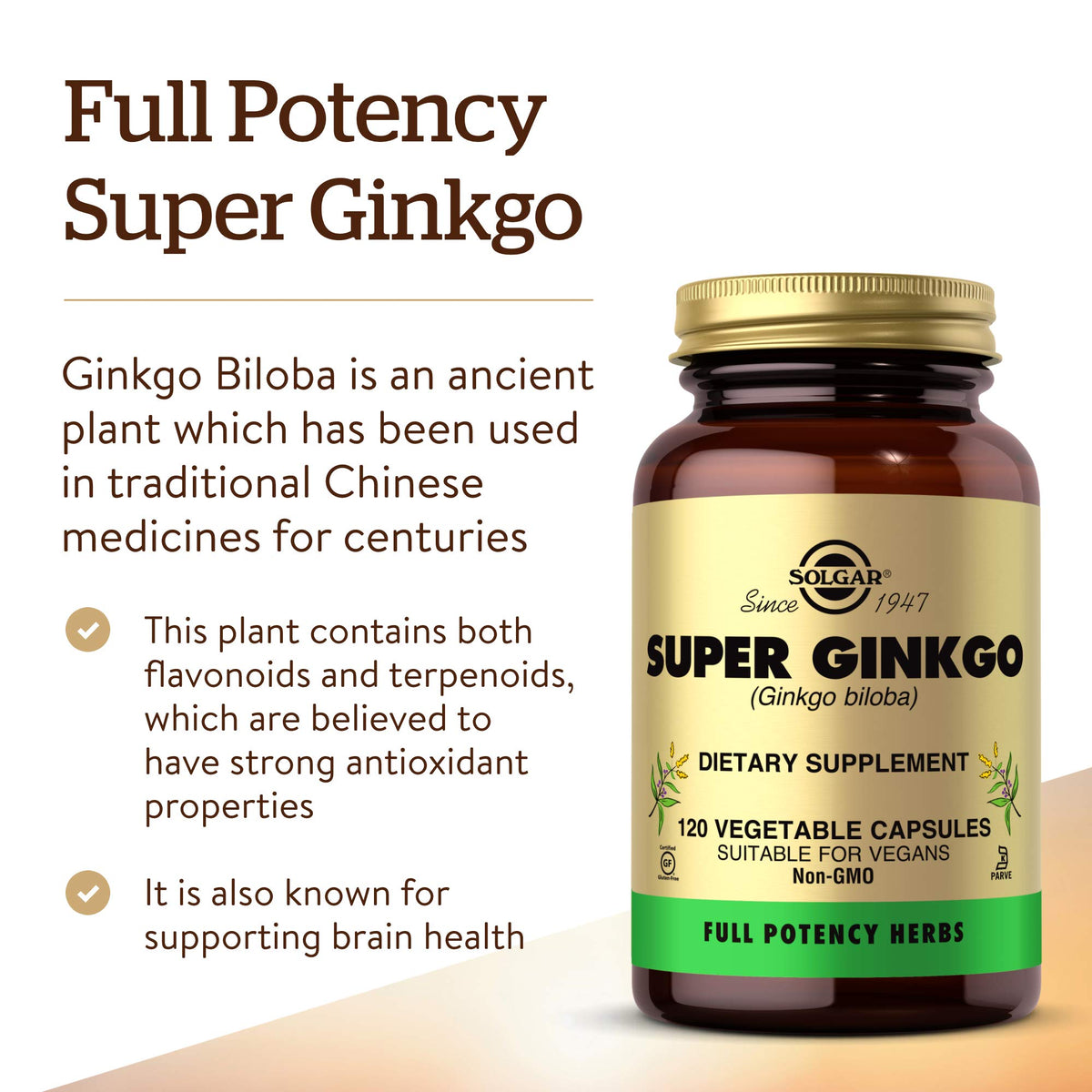 Emballage de Solgar Super Ginkgo montrant le design du produit