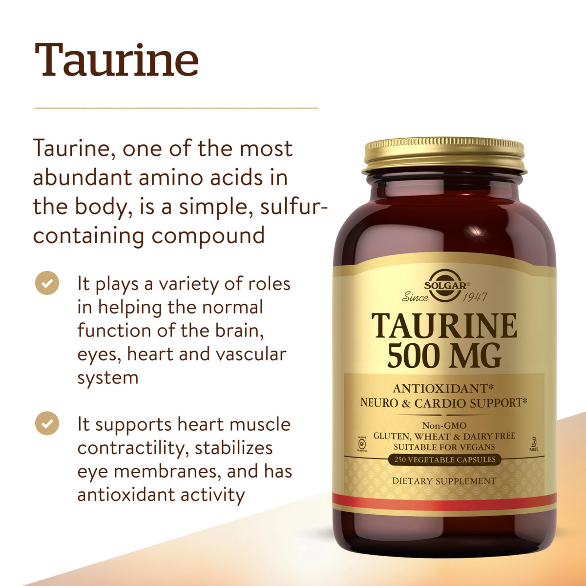 Emballage de Solgar Taurine 500 mg capsules