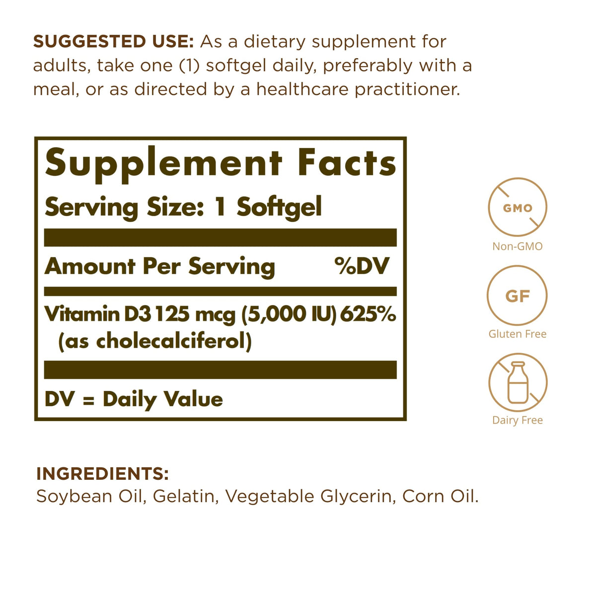 Emballage de Solgar Vitamine D3 10 mcg 100 gélules molles