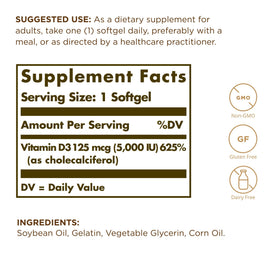 Emballage de Solgar Vitamine D3 10 mcg 100 gélules molles