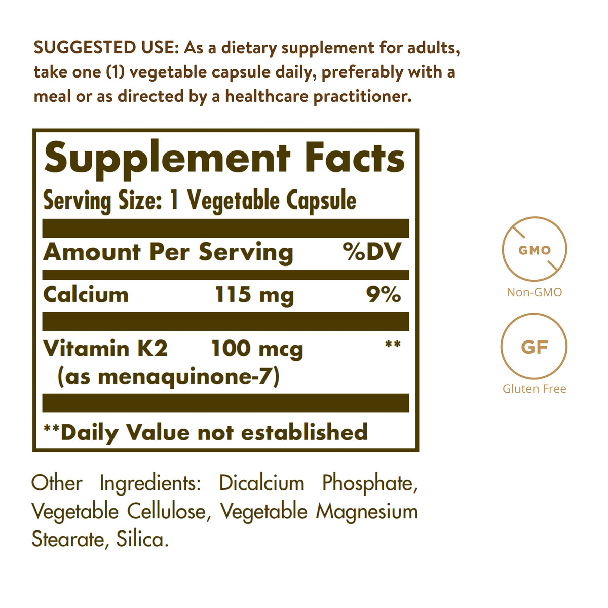 Emballage de Solgar Vitamine K2 100 mcg avec ingrédients