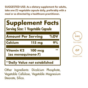 Emballage de Solgar Vitamine K2 100 mcg avec ingrédients