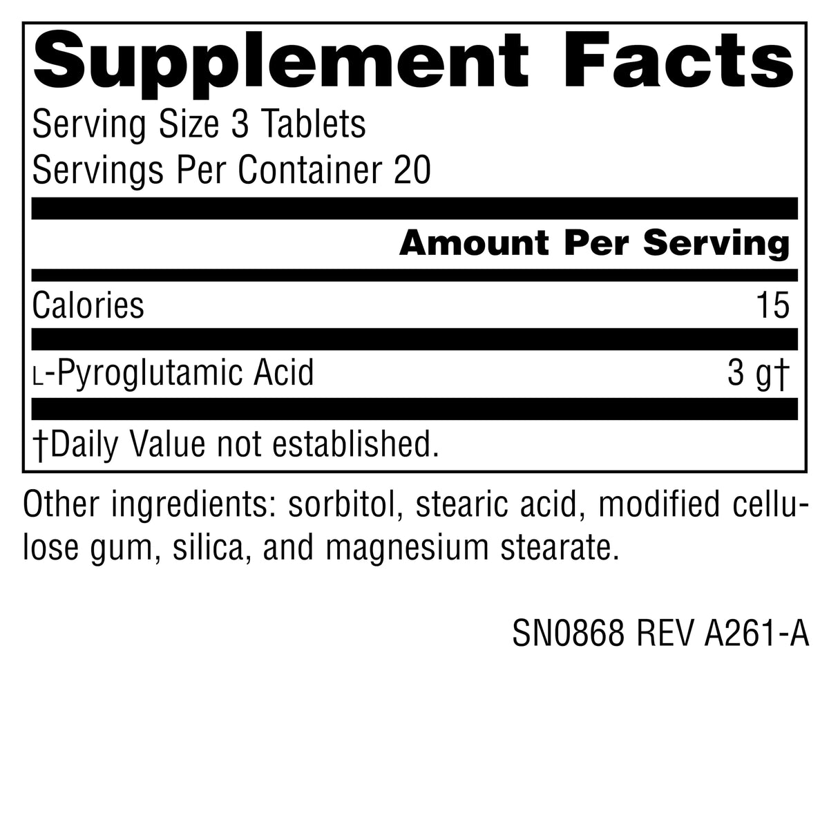 Emballage de Source Naturals Acide L-Pyroglutamique 1000 mg, dimensions 9,9 × 4,8 × 4,4 cm