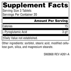 Emballage de Source Naturals Acide L-Pyroglutamique 1000 mg, dimensions 9,9 × 4,8 × 4,4 cm