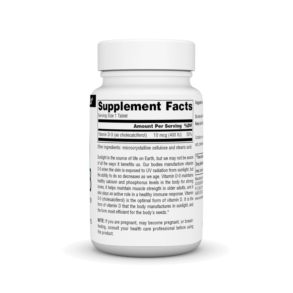 Emballage de Source Naturals Vitamine D-3 400 UI avec informations nutritionnelles