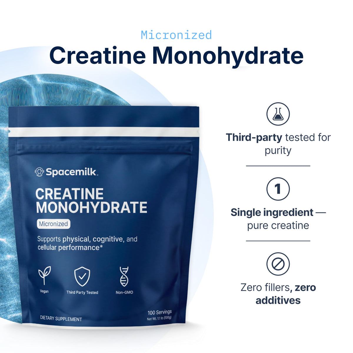 Emballage de Spacemilk créatine monohydrate micronisée, côté